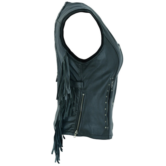 High Mileage HML1104B Ladies Premium Black Vest with Fringes and Rivets - Side View