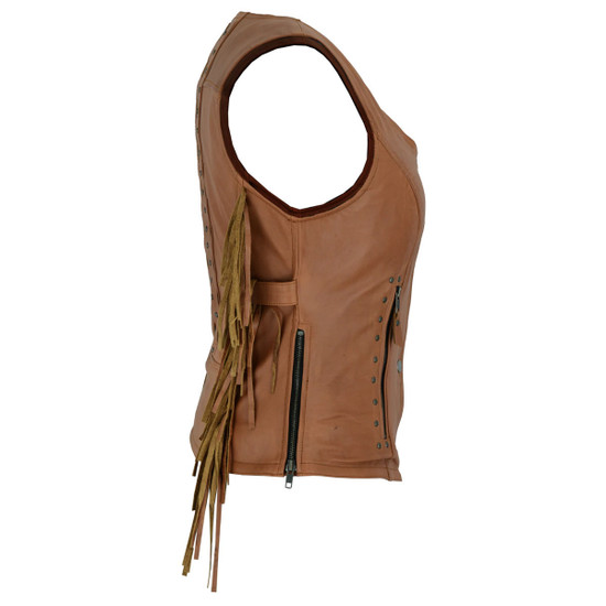 High Mileage HML1103T Ladies Premium Brown Vest with Fringes and Rivets  - Side View