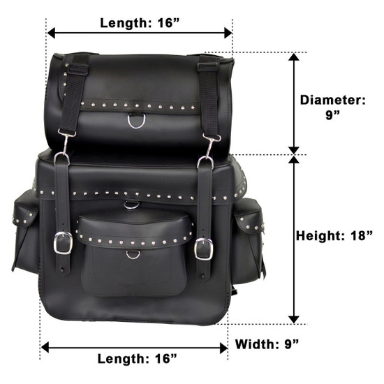 Vance VS338 Studded Large Sissy Bar Travel Pack Bag - size chart