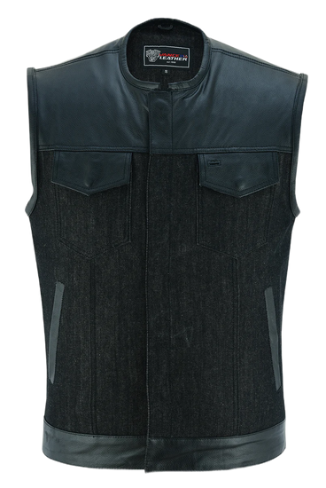 Mens-Collarless-Black-Denim-Leather-Vest-front