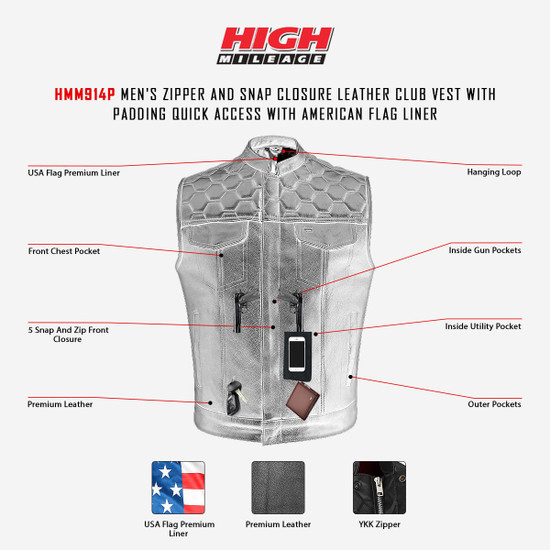 High-Mileage-HMM914P-Men's-Zipper-Snap-Closure-Leather-Club-Vest-padding-Quick Access-American-Flag-Liner-infographic