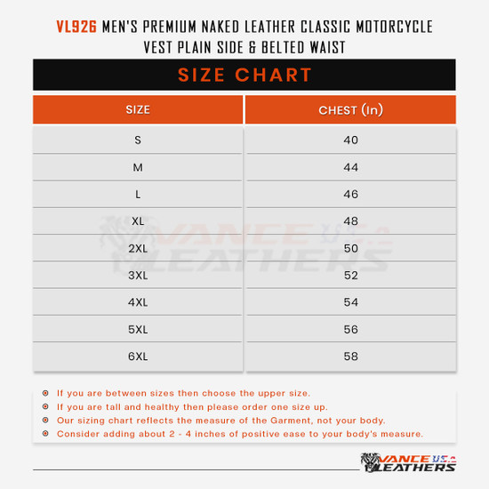 Vance-VL926-Mens-Premium-Leather-Classic-Motorcycle-Vest-Plain-Side-Belted-Sizechart