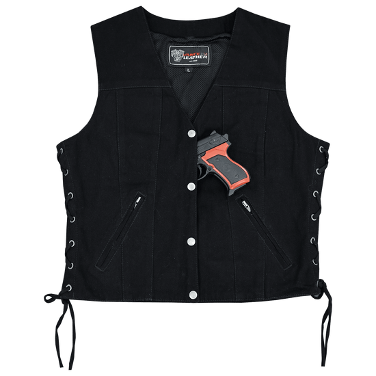 Vance-VB1045BK-Womens-Black-Denim-V-Neck-Vest-with-Snap-opening-&-side-laces-Motorcycle-Front-view
