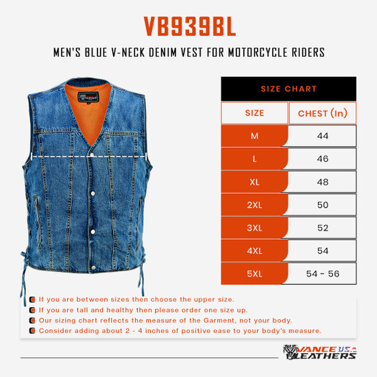 Vance-VB939BL-Mens-Blue-V-Neck-Denim-Vest-for-Motorcycle-Riders-size-chart