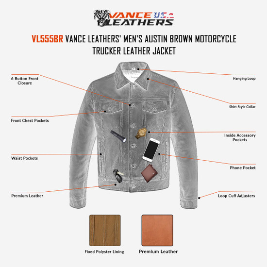 Vance-Leathers-VL555Br-Mens-Austin-Brown-Motorcycle-Trucker-Leather-Jacket-info-graphics
