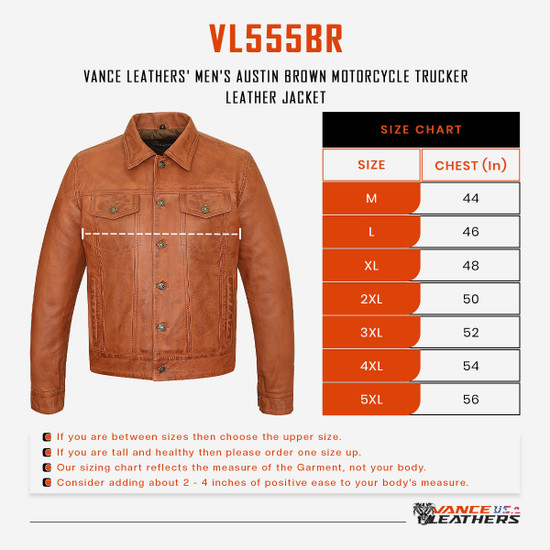 Vance-Leathers-VL555Br-Mens-Austin-Brown-Motorcycle-Trucker-Leather-Jacket-size-chart