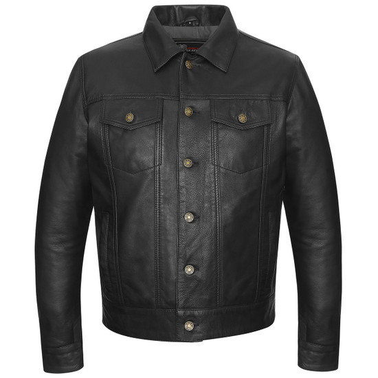 Vance-Leathers-VL555B-Mens-Black-Motorcycle-Trucker-Leather-Jacket-front-view