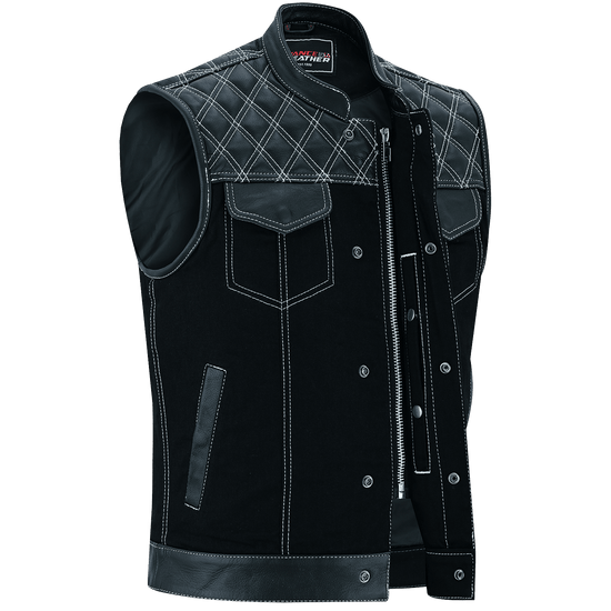 Vance-Leathers-VB924WH-Men's-Denim-Leather-Motorcycle-Vest-with-White-Stitching-front-snap-button-zipper