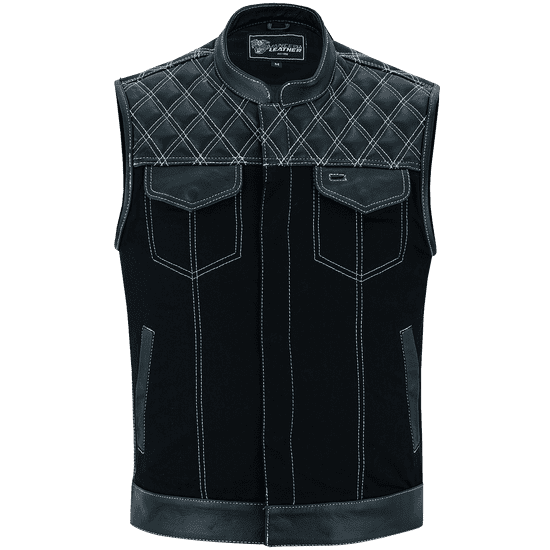 Vance-Leathers-VB924WH-Men's-Denim-Leather-Motorcycle-Vest-with-White-Stitching-front-view