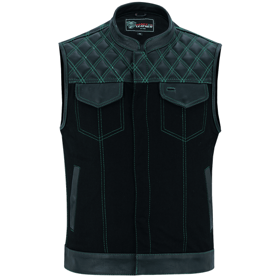 Vance-Leathers-VB924GN-Men's-Denim-Leather-Motorcycle-Vest-with-Green-Stitching-front-view