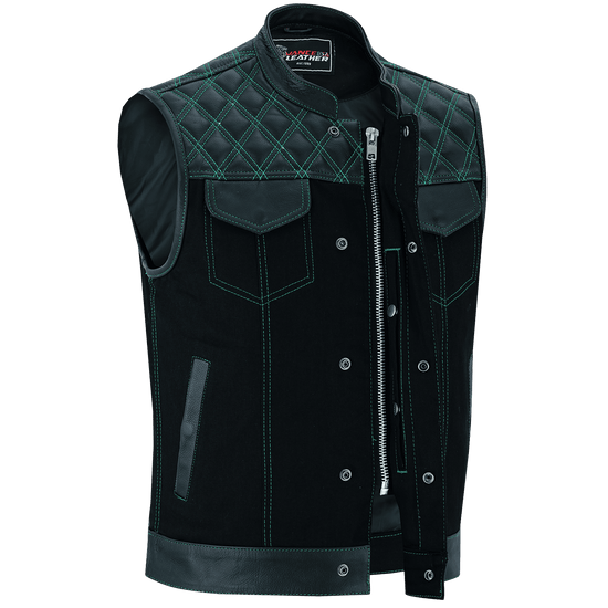 Vance-Leathers-VB924GN-Men's-Denim-Leather-Motorcycle-Vest-with-Green-Stitching-front-snap-button-zipper