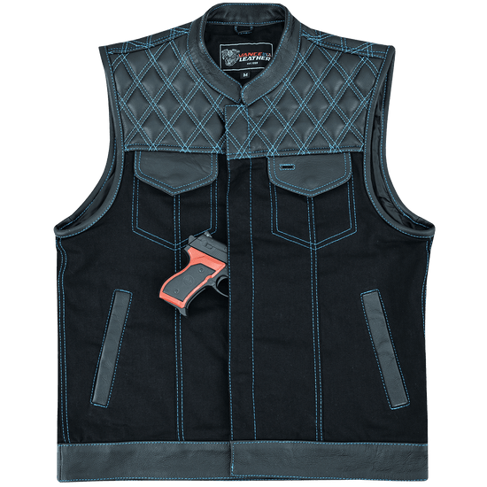 Vance-Leathers-VB924BL-Men's-Denim-Leather-Motorcycle-Vest-with-Blue-Stitching-inside-pocket