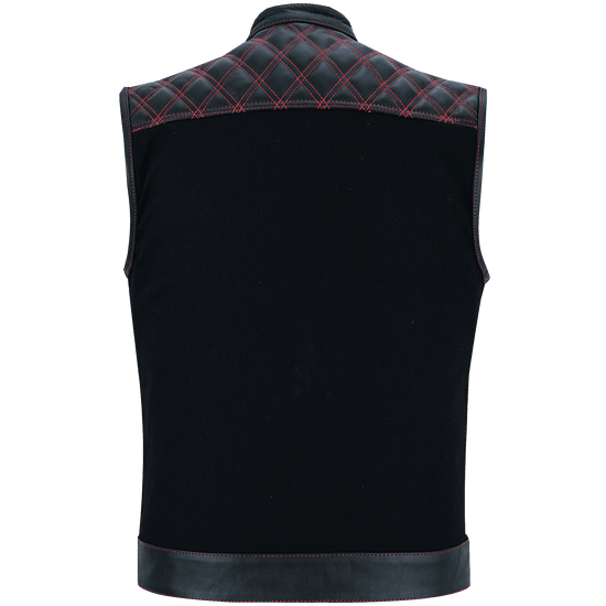 Vance-Leathers-VB924RD-Men's-Denim-Leather-Motorcycle-Vest-with-Red-Stitching-back-view