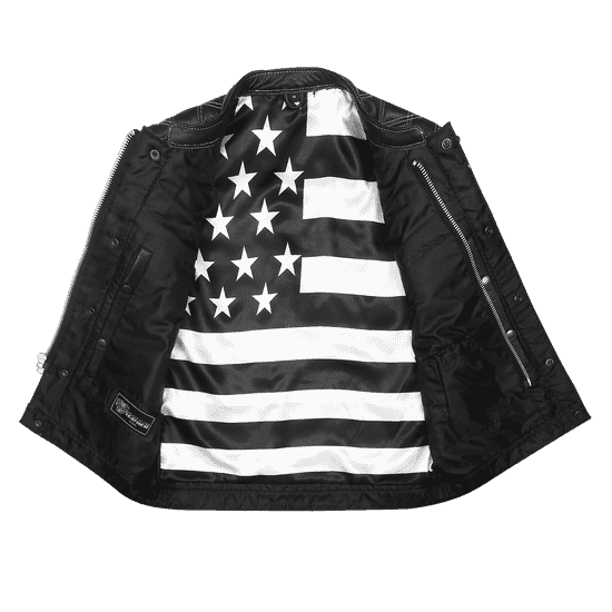 High-Mileage-HMM924W-Mens-Zipper-and-Snap-Closure-Leather-Club-Vest with-American-Flag-Liner-White-Stitching-Front-open-view