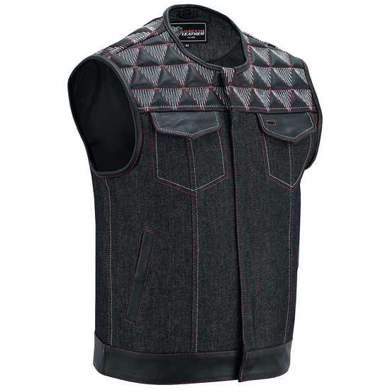 Men's-Denim-Leather-Motorcycle-Vest-with-Conceal-Carry-Pockets-SOA-Biker-Club-Vest-Red-White-Stitching-Main