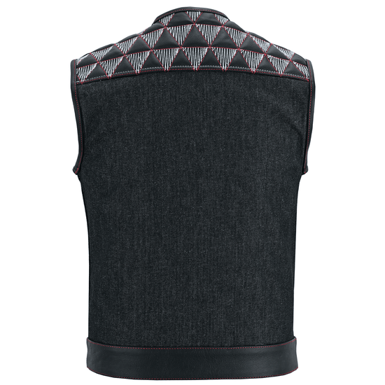 Men's-Denim-Leather-Motorcycle-Vest-with-Conceal-Carry-Pockets-SOA-Biker-Club-Vest-Red-White-Stitching-back-view