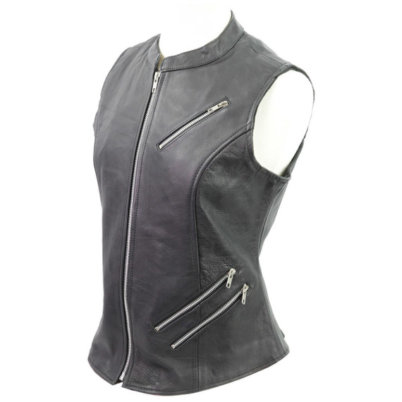Vance VL1028 Womens Black Zipper Closure and Zipper Pocket Lady Biker Motorcycle Leather Vest