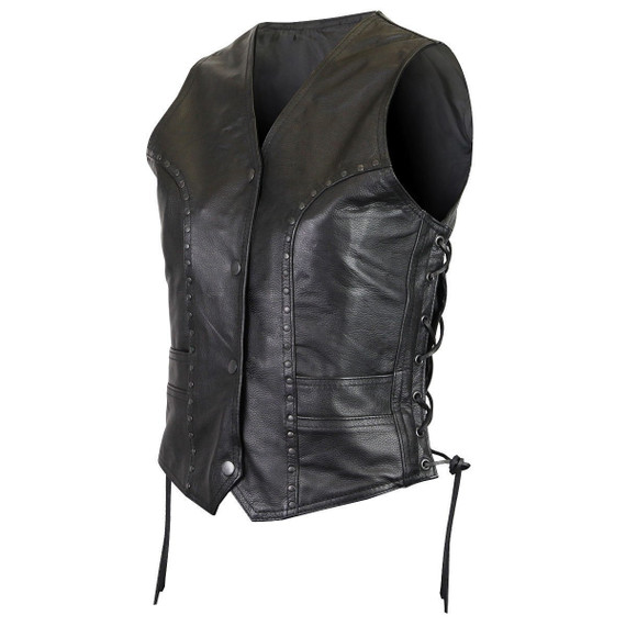 Vance VL1049 Womens Studded Black Cowhide Leather Lady Biker Motorcycle Vest
