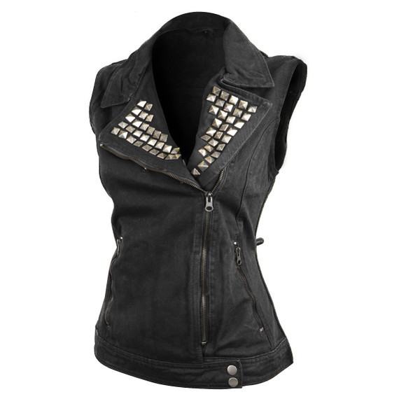 Vance VB1050BK Women's Black Denim Motorcycle Vest With Studded Collar-main