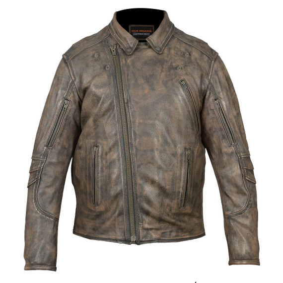 High Mileage HMM517DB Men's Dual Conceal Carry Distressed Brown Premium Cowhide Leather Biker Motorcycle Riding Jacket