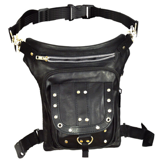 Vance VA561 Men and Women Black Leather Multi-Function Concealed Carry Biker Motorcycle Drop Leg Fanny Pack Thigh Bag