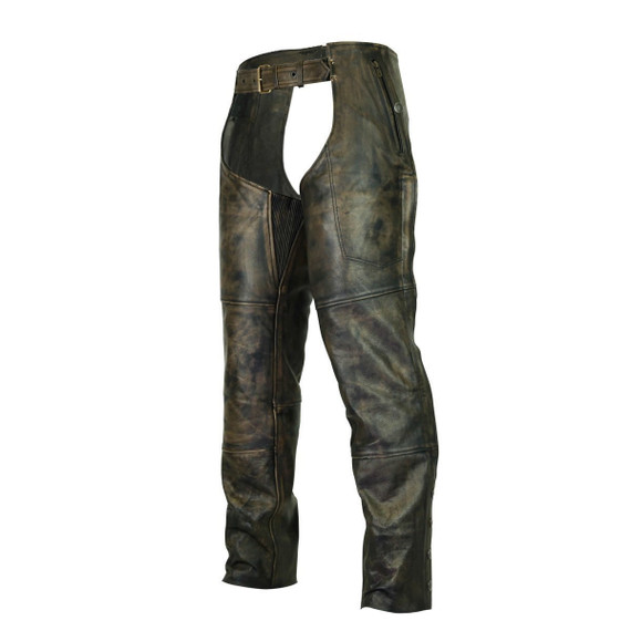 High Mileage HM811DB Men and Women Premium Cowhide Vintage Distressed Brown Jean Style Leather Motorcycle Chaps