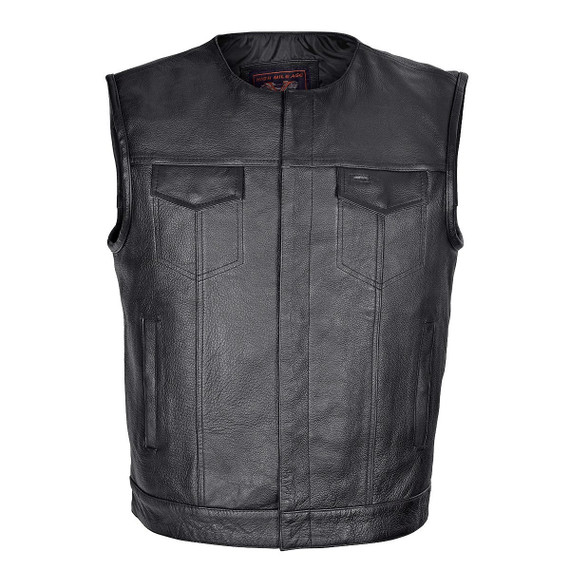 High Mileage HMM919 Mens Black Premium Cowhide Leather SOA Style Club Vest With Quick Access Conceal Carry Pocket