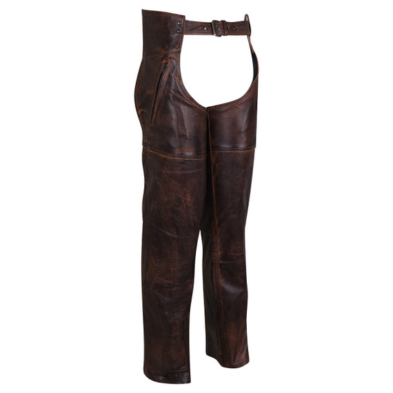 High Mileage HM814VB Men's and Women's Vintage Distressed Brown Biker Motorcycle Leather Chaps - Side View