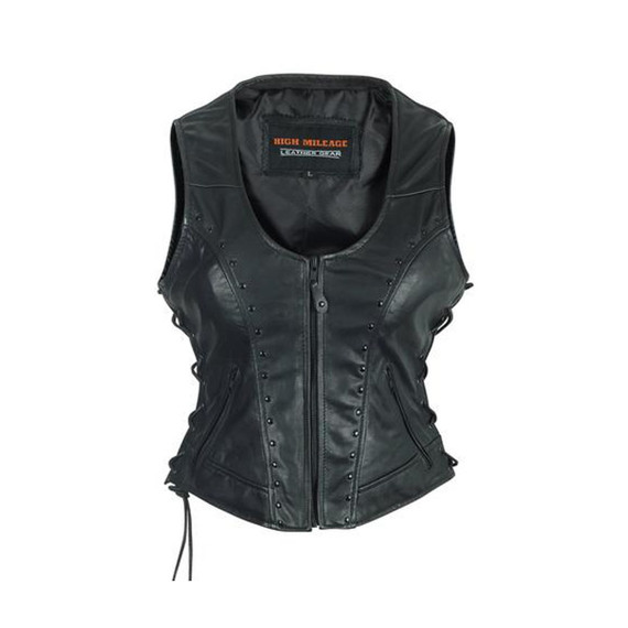 High Mileage HML1043 Womens Lady Biker Leather Motorcycle Vest With Studs