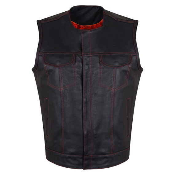 HMM919R Mens Black Premium Cowhide Leather SOA Style Club Vest With Quick Access Conceal Carry Pocket and Red Liner