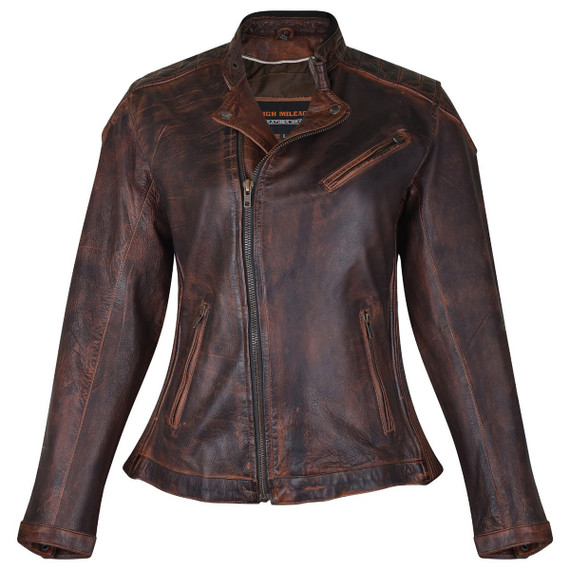 High Mileage HML621VB Women's Vintage Brown Lady Biker Motorcycle Riding Leather Jacket With Diamond Stitched Shoulders