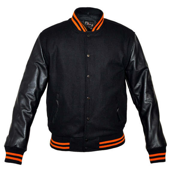 Mens MJ591BO Black Lightweight Wool with Real Leather Premium Varsity Letterman Jacket