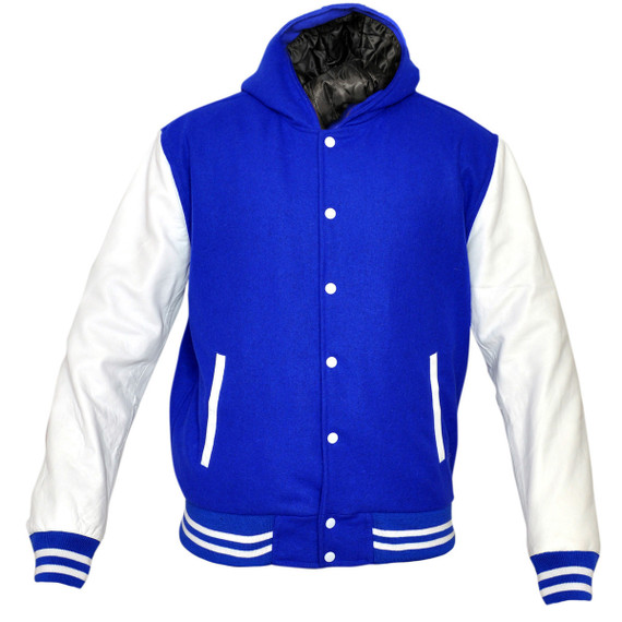 Mens MJ592 Wool with Real Leather Premium Varsity Jacket with Hoodie