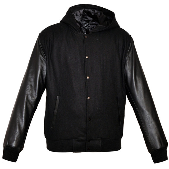 Mens MJ592B Black Wool with Real Leather Premium Varsity Jacket with Hoodie
