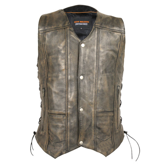High Mileage HMM915DB Mens Distressed Brown Premium Cowhide Ten Pocket Leather Motorcycle Vest