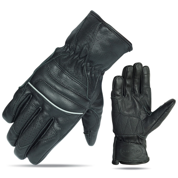 Vance VL476 Mens Black Biker Leather Driving Gloves With Reflective Piping