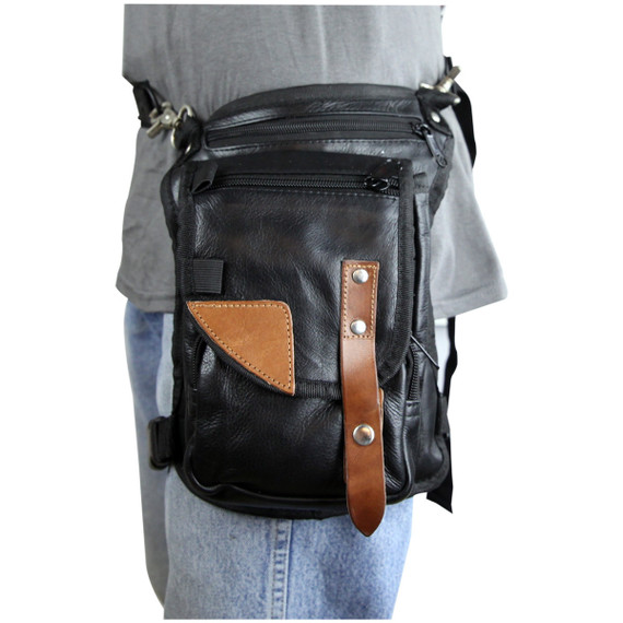 Vance VA567 Men and Women Black Leather Multi-Function Concealed Carry Biker Motorcycle Drop Leg Fanny Pack Thigh Bag