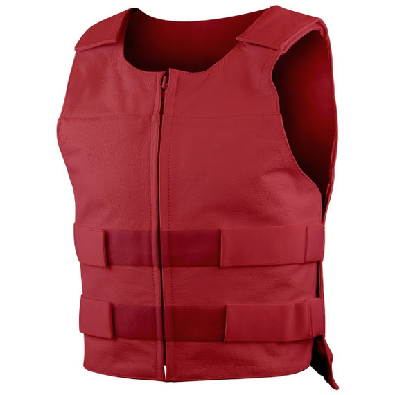 Mens Front Zipper Bullet Proof Style Premium Cow Leather Motorcycle Vest - Red