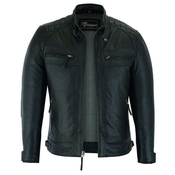 VL550B Vance Leather Men's Cafe Racer Gatsby Black Waxed Lambskin Motorcycle Leather Jacket - Open