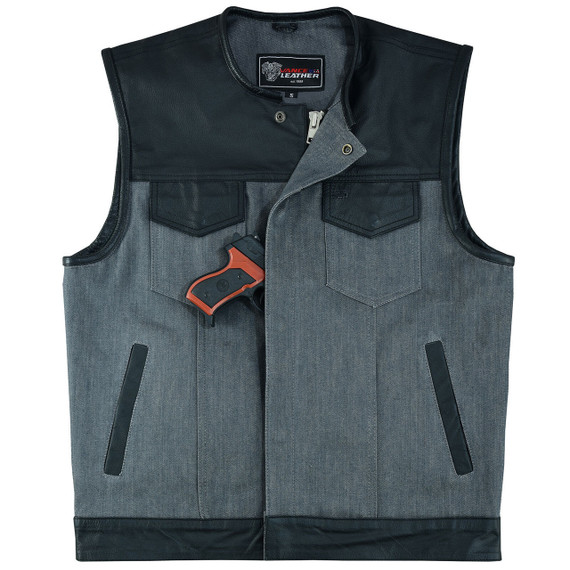 Vance-VB910G Mens-Grey-Denim-Leather-Motorcycle-Vest-CCW-Pockets-front-view-with-gun-packets