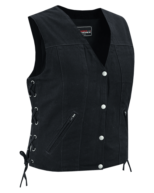 Vance-VB1045BK-Womens-Black-Denim-V-Neck-Vest-with-Snap-opening-&-side-laces-Motorcycle-Vest-main