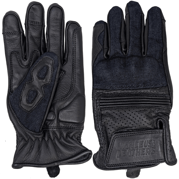 Vance VL480B Denim & Leather Motorcycle Gloves (Black) with Mobile Phone Touchscreen - main