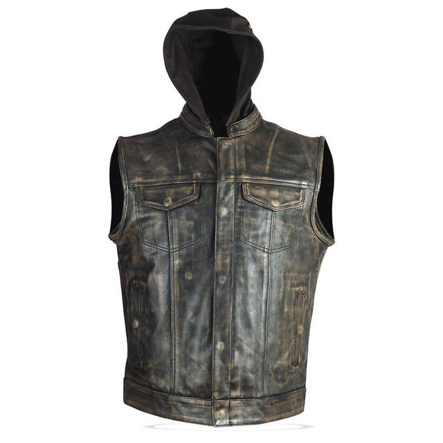 High Mileage Mens Premium Cowhide Distressed Brown SOA Style Biker Club Leather Motorcycle Vest With Hoodie