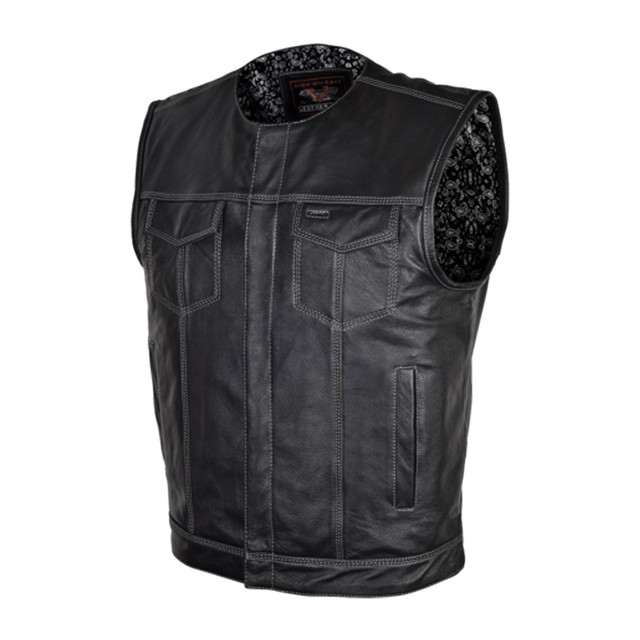 Vance Mens Black Premium Cowhide Leather Biker Motorcycle Vest With Quick Access Conceal Carry Pockets and Paisley Liner