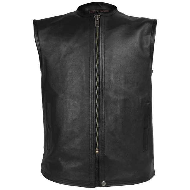 High Mileage Mens Black Premium Cowhide Front Center Zipper Biker Motorcycle Leather Vest