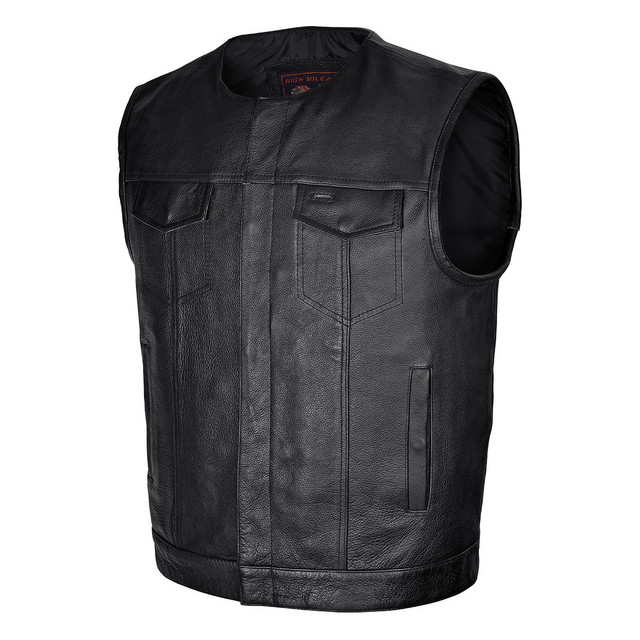 Mens Black Premium Cowhide Leather Motorcycle Vest With Quick Access Conceal Carry Pockets