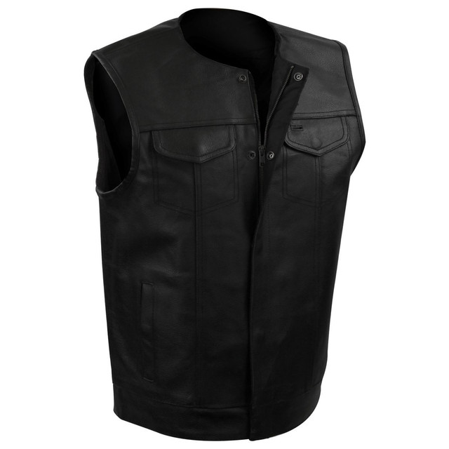 Jafrum Men's Black Collarless SOA Style Snap/Zip Front Leather Motorcycle Vest