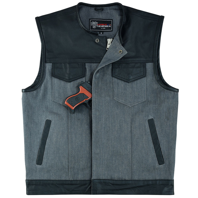 Vance Leathers Men's Grey Denim & Leather Motorcycle Vest with CCW Pockets