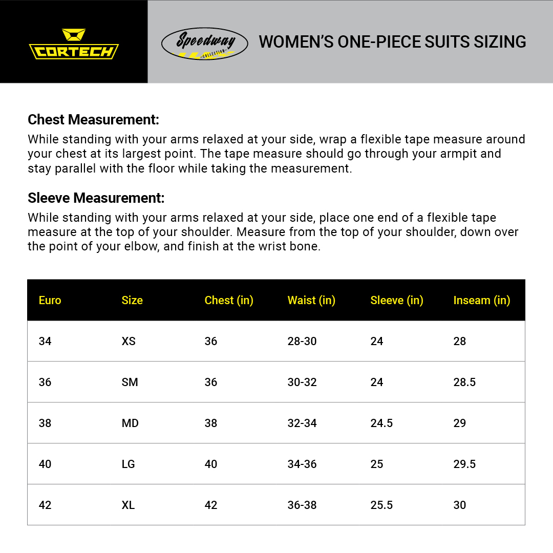 Cortech Revo Sport Air Women's 1-Piece Motorcycle Leather Race Suit - Size chart