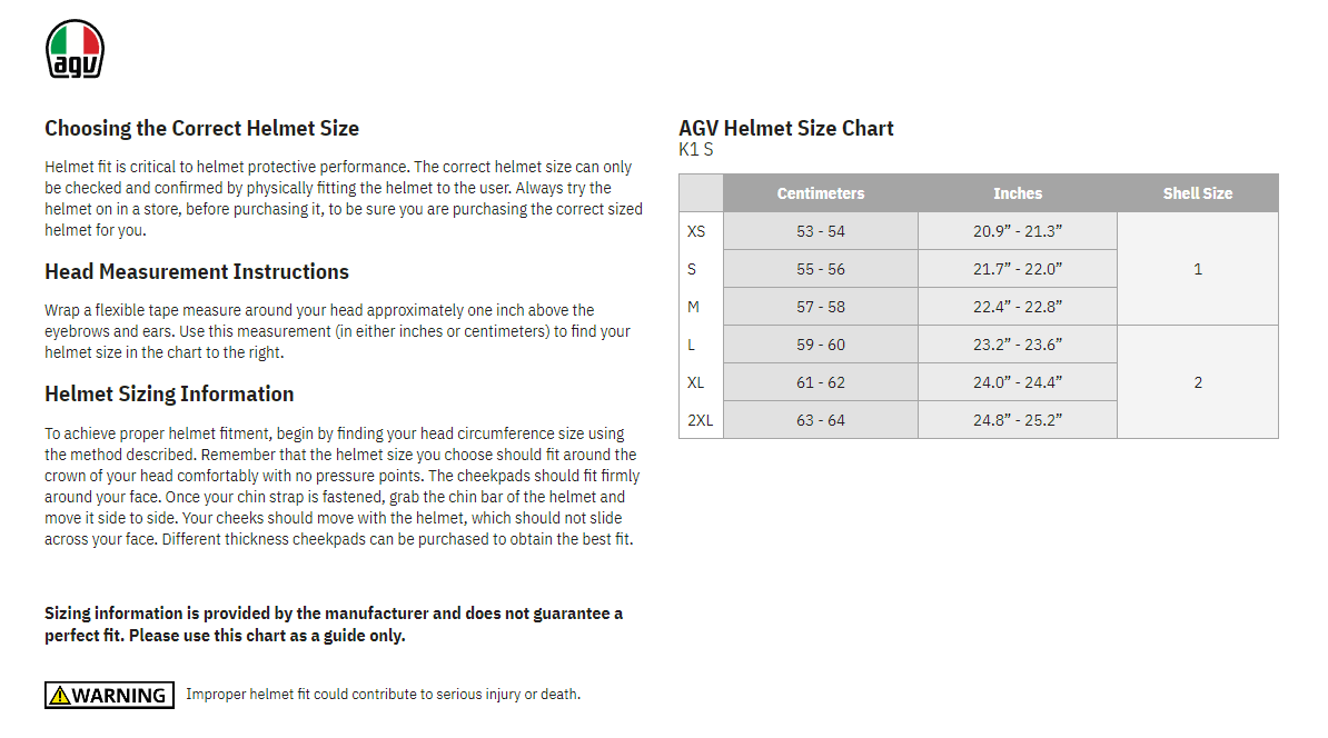 AGV K1 S VR46 Sky Racing Team Full Face Motorcycle Helmet description - size chart